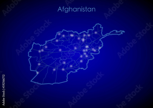 Afghanistan concept map with glowing cities and network covering the country  map of Afghanistan suitable for technology or innovation or internet concepts.