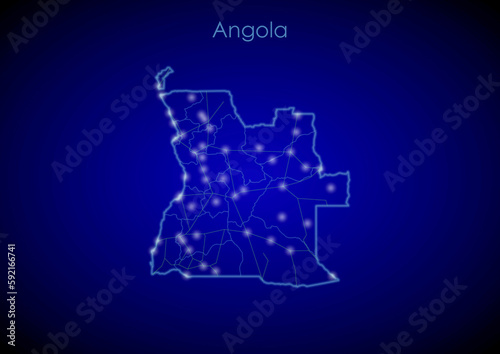 Angola concept map with glowing cities and network covering the country, map of Angola suitable for technology or innovation or internet concepts.