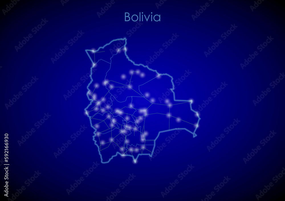 Bolivia concept map with glowing cities and network covering the country, map of Bolivia suitable for technology or innovation or internet concepts.