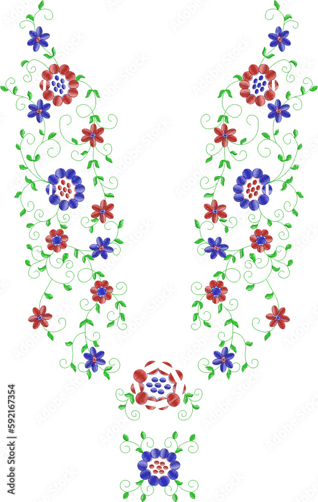 Neck Embroidery Designs.Floral pattern on collar, neck print. 
Abstract hand drawn floral ornament. Vector illustration.