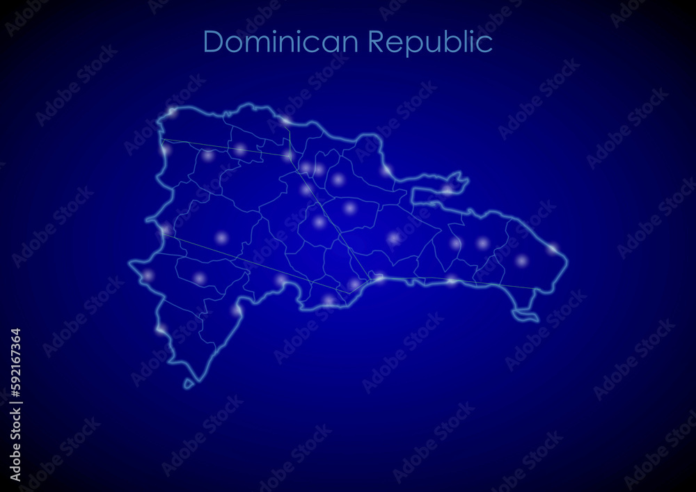 Dominican Republic concept map with glowing cities and network covering the country, map of Dominican Republic suitable for technology or innovation or internet concepts.
