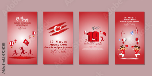 Vector illustration of Turkey Youth and Sports Day social media story feed set mockup template