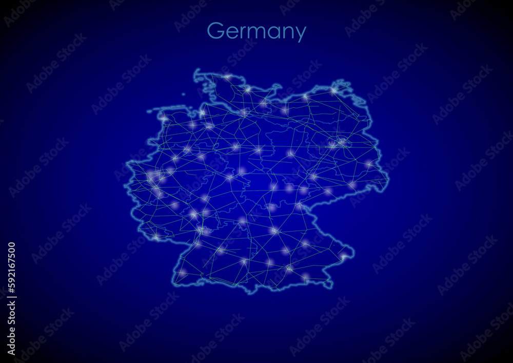 Germany concept map with glowing cities and network covering the country, map of Germany suitable for technology or innovation or internet concepts.