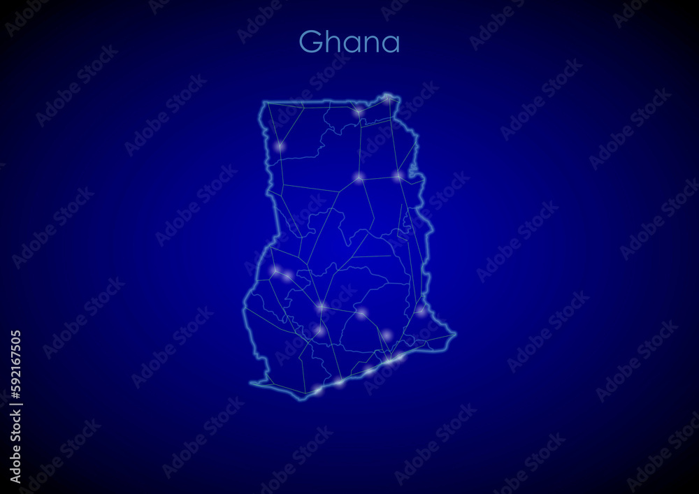 Ghana concept map with glowing cities and network covering the country, map of Ghana suitable for technology or innovation or internet concepts.