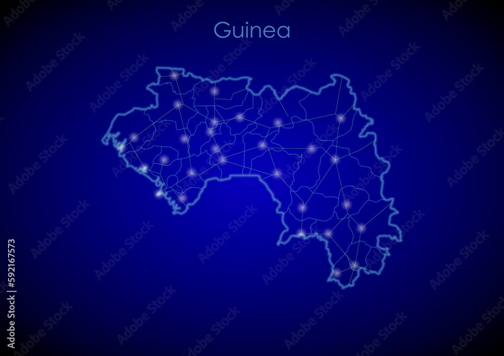 Guinea concept map with glowing cities and network covering the country, map of Guinea suitable for technology or innovation or internet concepts.
