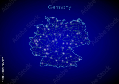 Germany concept map with glowing cities and network covering the country, map of Germany suitable for technology or innovation or internet concepts.