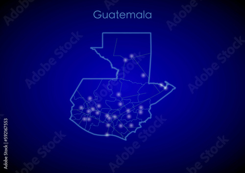 Guatemala concept map with glowing cities and network covering the country, map of Guatemala suitable for technology or innovation or internet concepts.