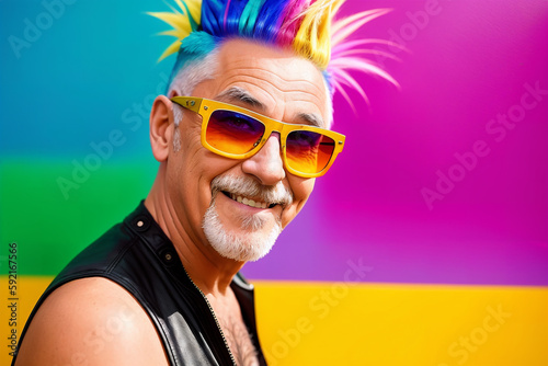 Portrait of an elderly caucasian man with bright mohawk-colored hair and sunglasses on the background of an abstract painting, summer brightness. Generative AI.