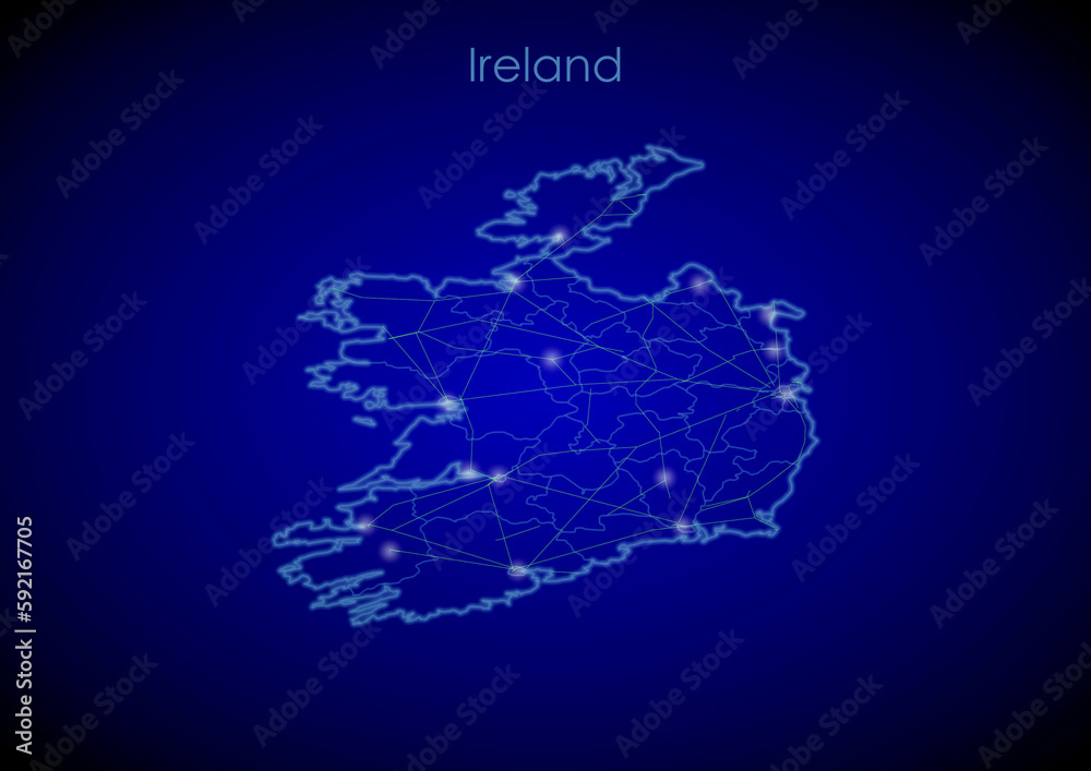 Ireland concept map with glowing cities and network covering the country, map of Ireland suitable for technology or innovation or internet concepts.