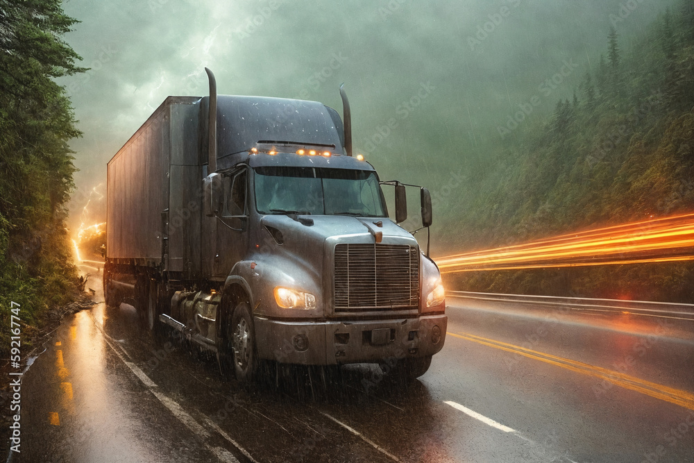 A truck is driving on the road. Dark dramatic landscape with forest as background, gloomy sky, rainy clouds. Generative AI. A truck is driving on the road. Dark dramatic landscape with forest as background, gloomy sky, rainy clouds. Generative AI.