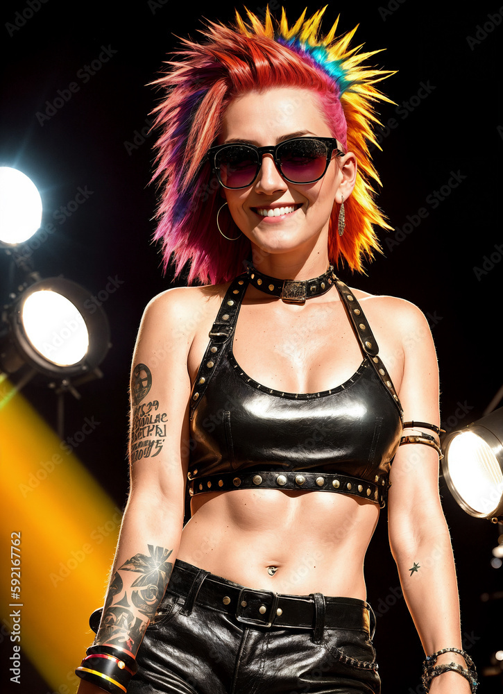Portrait of an young woman, as rock star, with red hair and sunglasses on a stage with lights and illumination. Generative AI. Portrait of an young woman, as rock star, with red hair and sunglasses on a stage with lights and illumination. Generative AI.