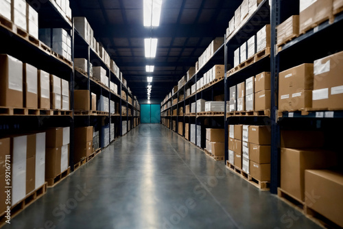 Warehouse, racks with boxes. Generative AI.