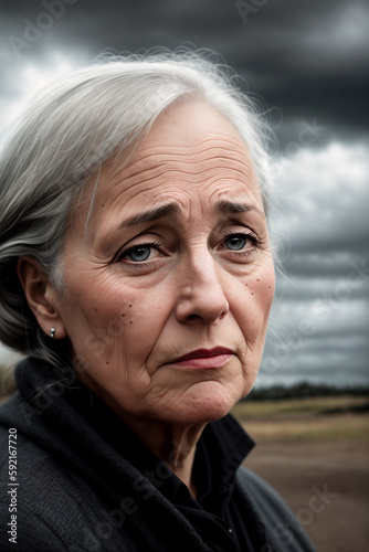 Dramatic portrait of an elderly woman, late autumn landscape as background, dark sky with storm clouds. Generative AI.