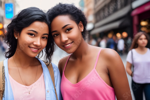 Portrait of a beautiful girlfriend asian and african american girls, city street as a background. Generative AI.