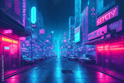 The street of the night city  a futuristic city in the rain  skyscrapers  cars and random people  in the fog. Generative AI.