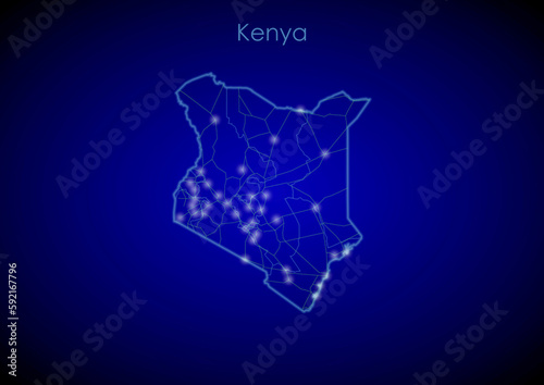 Kenya concept map with glowing cities and network covering the country, map of Kenya suitable for technology or innovation or internet concepts.