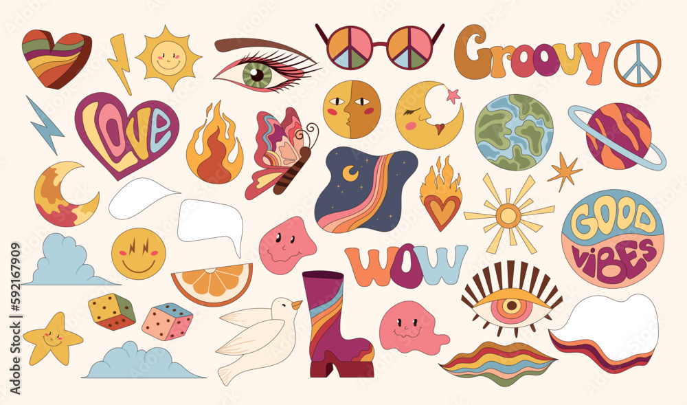Fototapeta premium Groovy retro isolated clip art bundle, 70s nostalgia old fashioned aesthetic, stylized heart, peace symbol, planets and rainbow, design elements vector kit