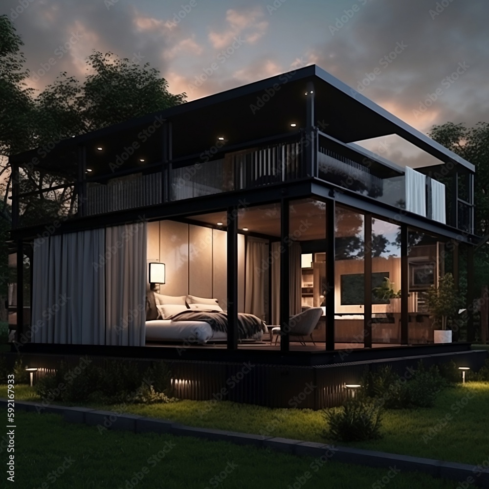 modern minimalistic house at night, 3D render