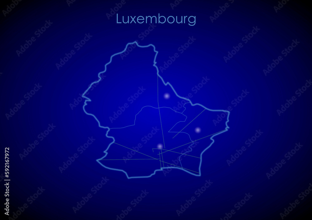 Luxembourg concept map with glowing cities and network covering the country, map of Luxembourg suitable for technology or innovation or internet concepts.