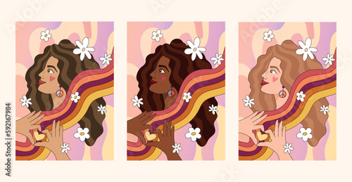 Groovy hippie girls portrait with rainbow glasses, 70s retro women face different skin color options, funny positive poster, placard, t shirt print pre-made template, vector set
