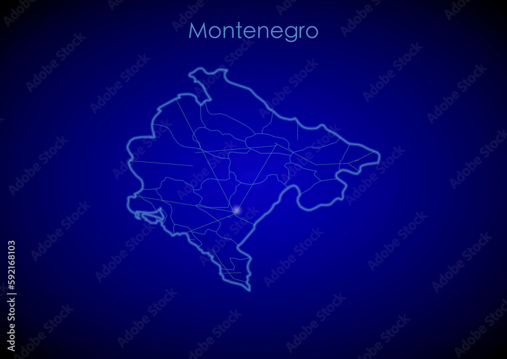 Montenegro concept map with glowing cities and network covering the country, map of Montenegro suitable for technology or innovation or internet concepts.