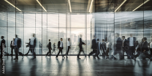 Multiple exposure rush of busy people against the backdrop of the interior of office buildings. Generative AI