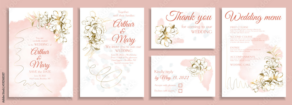 Set of vector wedding invitation templates with apple bloom and golden decoration