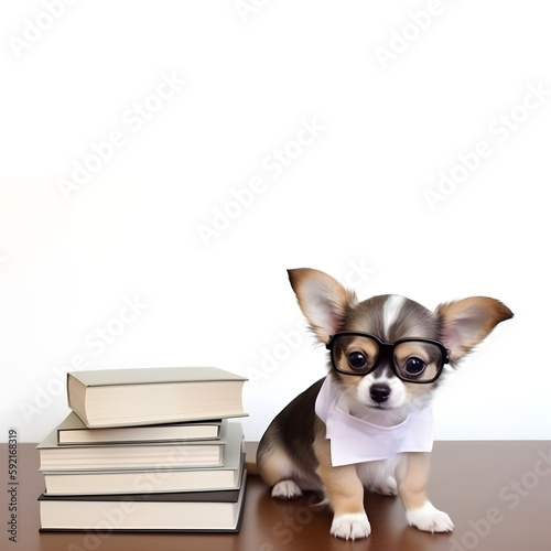 Cute chihuahua puppy with books about bedtime stories. © ZayNyi