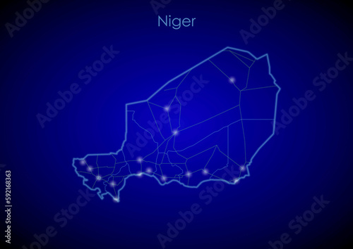 Niger concept map with glowing cities and network covering the country, map of Niger suitable for technology or innovation or internet concepts.