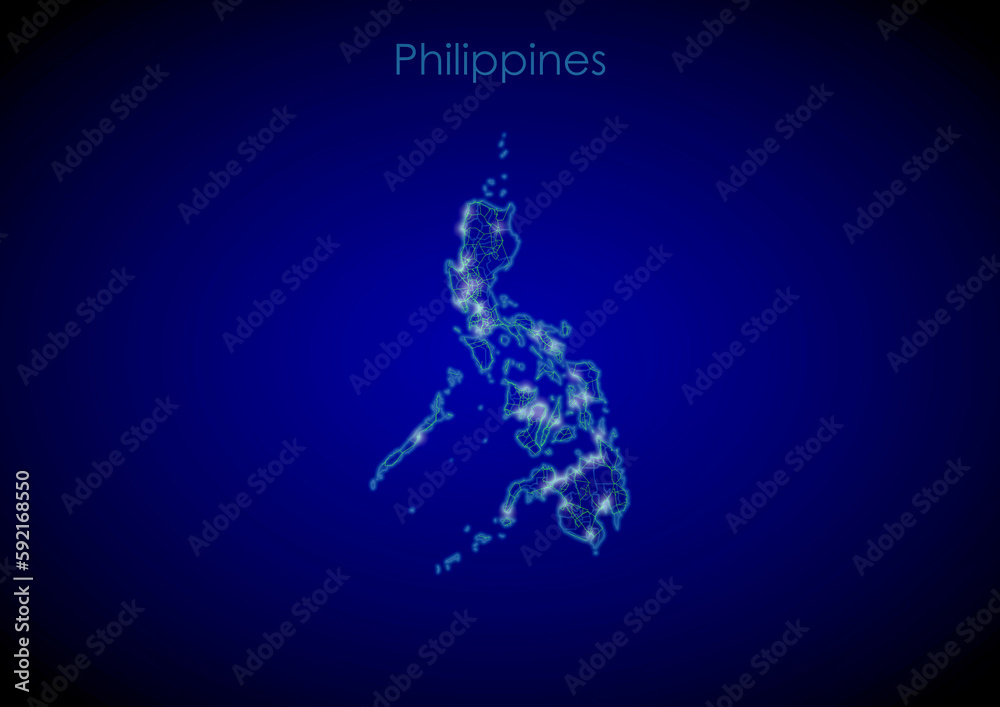 Philippines concept map with glowing cities and network covering the country, map of Philippines suitable for technology or innovation or internet concepts.