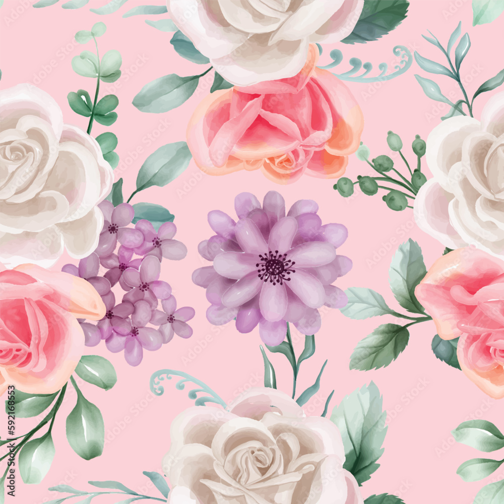 pink background Rose white and pink Watercolor floral seamless pattern. Luxurious floral backgrounds, textile or wallpaper design, prints and invitations, and postcards.