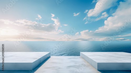 Ocean landscape with pedestal showcase  sea and sky.Use for product presentation and banner.Generative AI