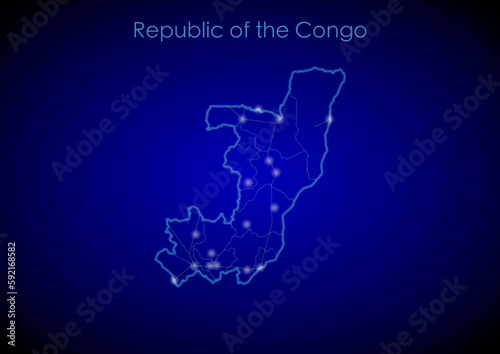 Republic of the Congo concept map with glowing cities and network covering the country  map of Republic of the Congo suitable for technology or innovation or internet concepts.