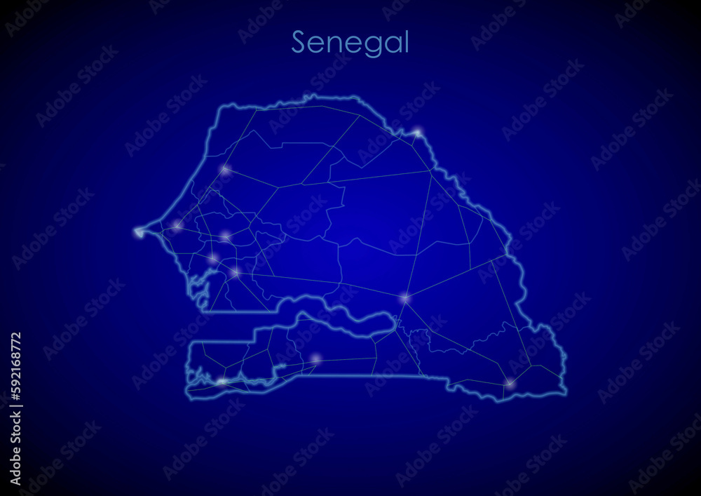 Senegal concept map with glowing cities and network covering the country, map of Senegal suitable for technology or innovation or internet concepts.