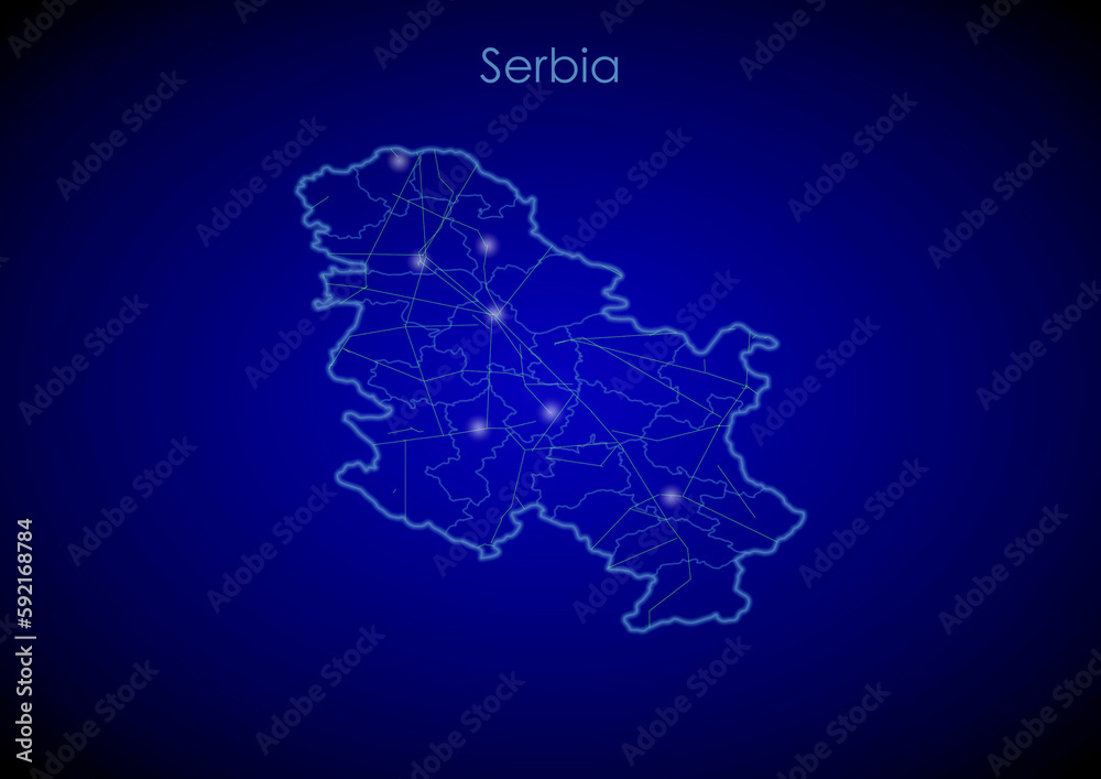 Serbia concept map with glowing cities and network covering the country, map of Serbia suitable for technology or innovation or internet concepts.