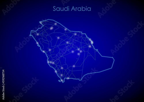 Saudi Arabia concept map with glowing cities and network covering the country  map of Saudi Arabia suitable for technology or innovation or internet concepts.