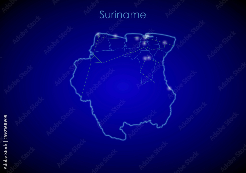 Suriname concept map with glowing cities and network covering the country, map of Suriname suitable for technology or innovation or internet concepts.