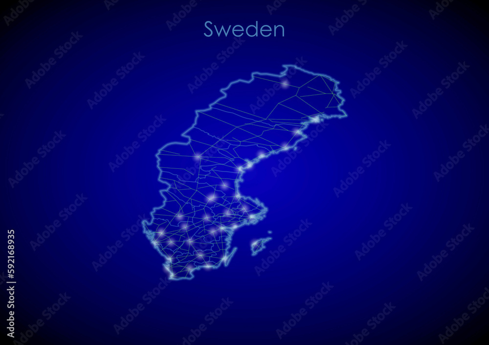 Sweden concept map with glowing cities and network covering the country, map of Sweden suitable for technology or innovation or internet concepts.