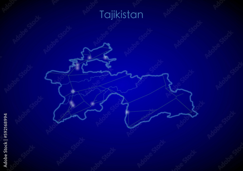Tajikistan concept map with glowing cities and network covering the country, map of Tajikistan suitable for technology or innovation or internet concepts.