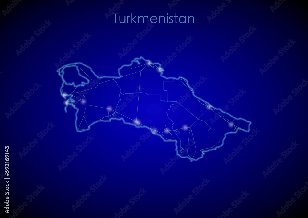 Turkmenistan concept map with glowing cities and network covering the country, map of Turkmenistan suitable for technology or innovation or internet concepts.