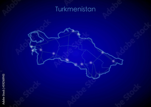 Turkmenistan concept map with glowing cities and network covering the country  map of Turkmenistan suitable for technology or innovation or internet concepts.