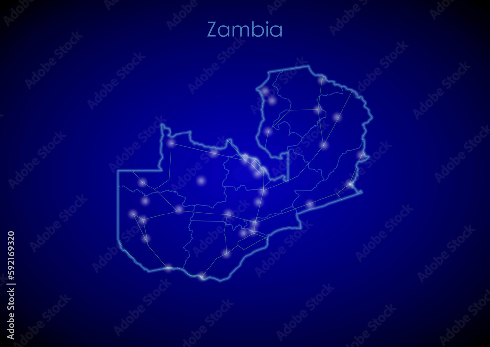 Zambia concept map with glowing cities and network covering the country, map of Zambia suitable for technology or innovation or internet concepts.