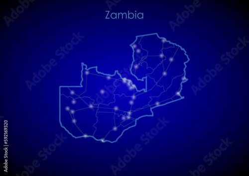Zambia concept map with glowing cities and network covering the country  map of Zambia suitable for technology or innovation or internet concepts.