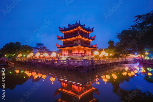 Beautiful blue hour at Phap Hoa Pagoda  Travel concept. Photo generative AI