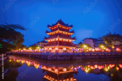 Beautiful blue hour at Phap Hoa Pagoda   Travel concept. Photo generative AI
