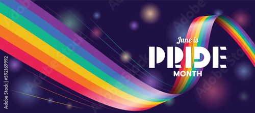 June is Pride month - Text on Long colorful rainbow flag waving on black with light background vector design