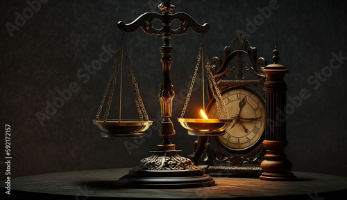 Scales of Justice in the dark Court Hall. Law concept. Generative AI