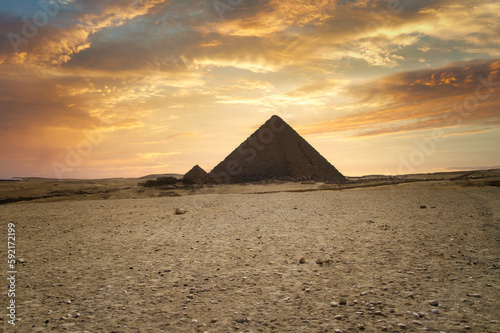 Beautiful sunset over the pyramid of Menkaure in Giza  Egypt