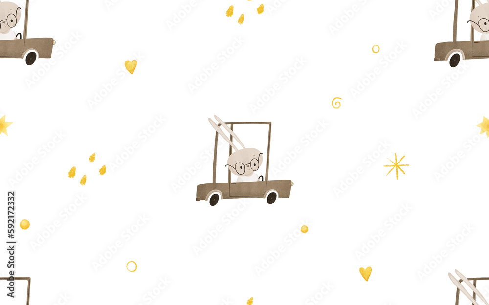 endless background with transport, cartoon car and rabbit driver, seamless pattern, design and print