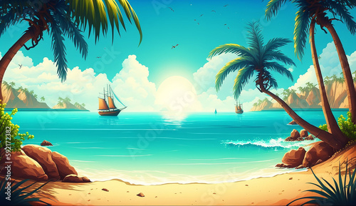 Tropical Paradise Summer Travel Background with Palm Trees. Generative AI